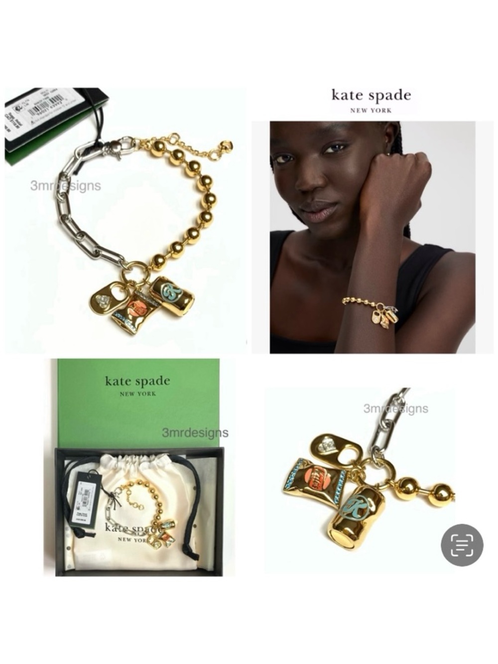 NWT Kate Spade ♠️ SNACK TIME Gold & Silver Plated Brass Glass Crystals Bracelet